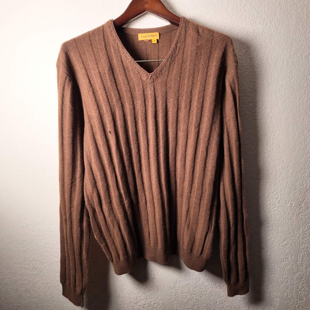 Tricots St Raphael Mens V-Neck Ribbed Knit‎ Sweater Brown Size Medium
